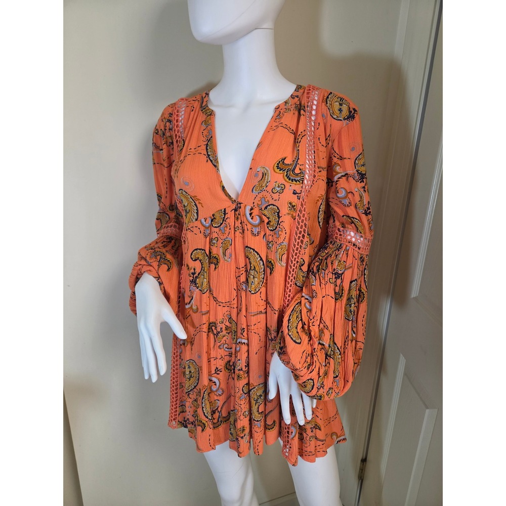 Free‎ People Orange Paisley Crochet Lace Inset Balloon Sleeve Mini Dress Small